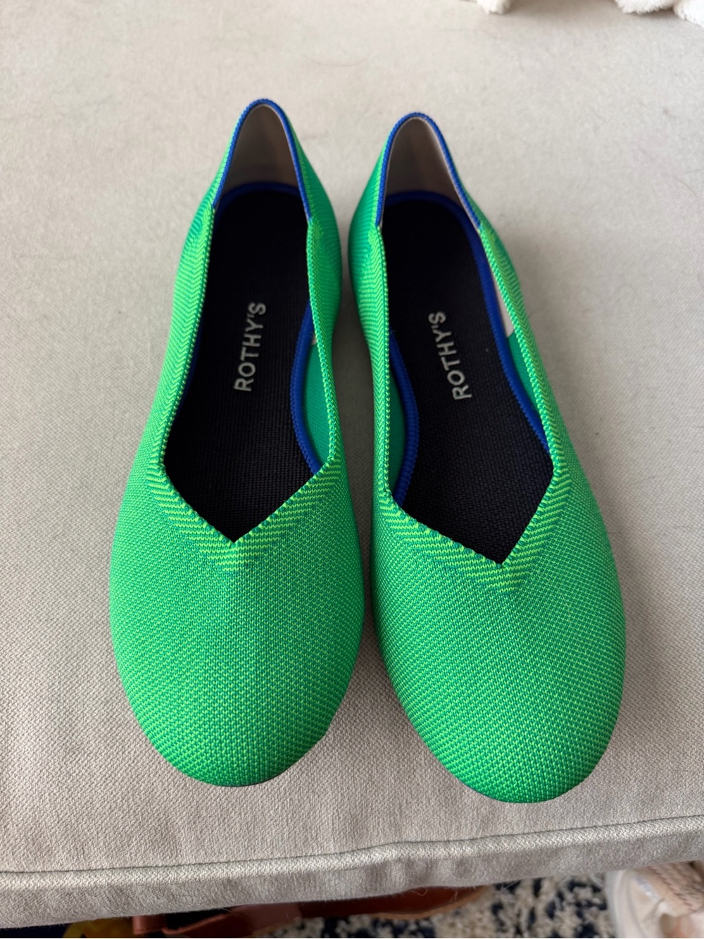 Rothy's Bright Green Knit Slip-On Flats with Blue Trim